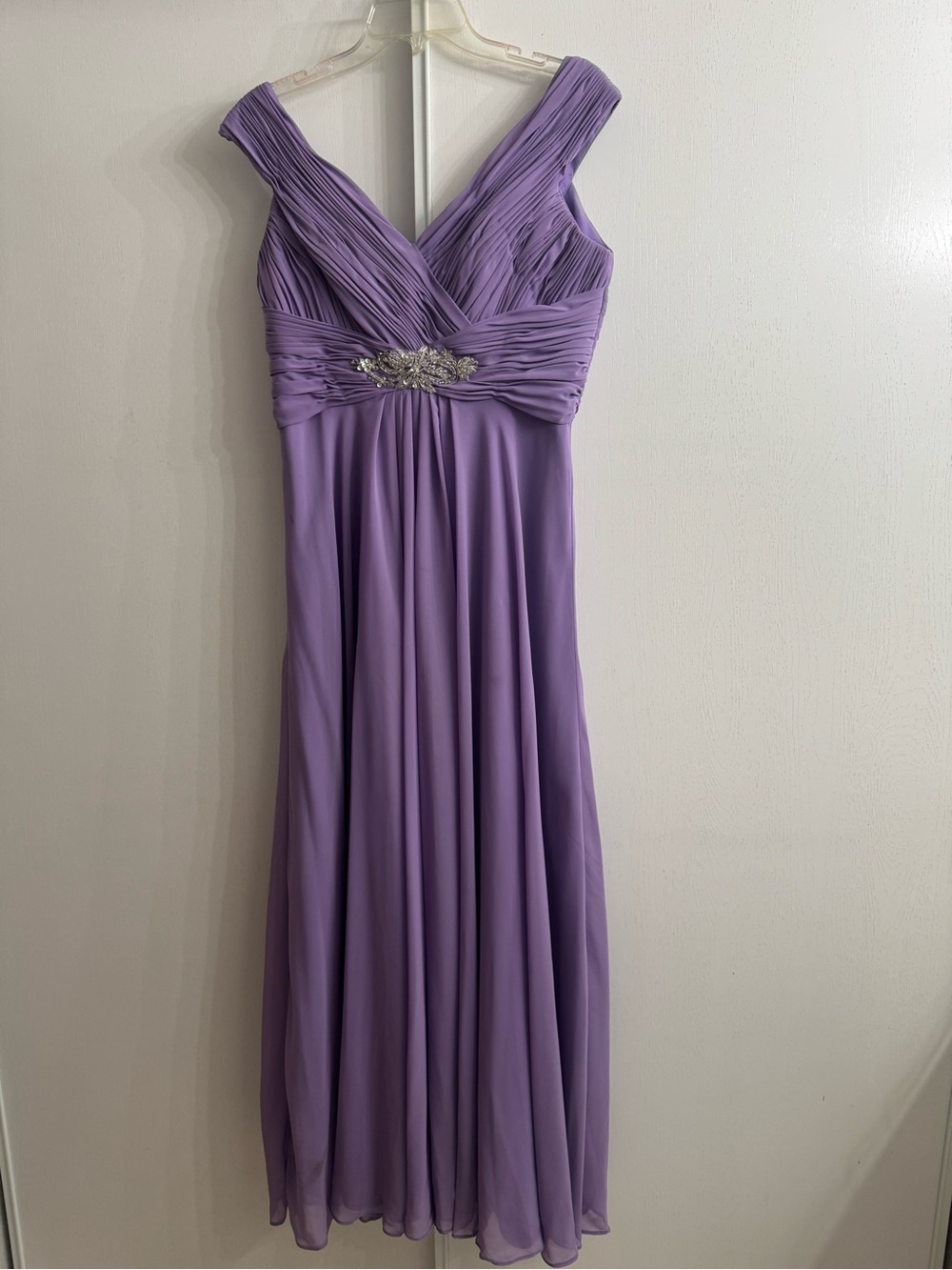 Allure Bridals Lavender Pleated V-Neck Chiffon Gown with Rhinestone Brooch